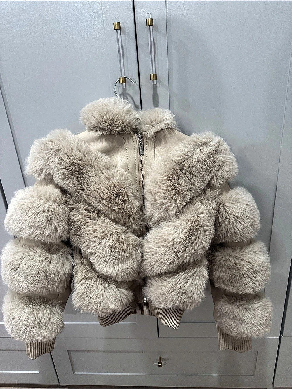 Fun&Fun Faux Fur Jacket with leather inserts in Beige Size 36 Like New
